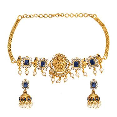Imagem de Bodha Gargantilha de designer indiano tradicional banhado a ouro Godess Lakshmi Temple joias gargantilha colar com brinco combinando para mulheres, Latão, Zircônia cúbica