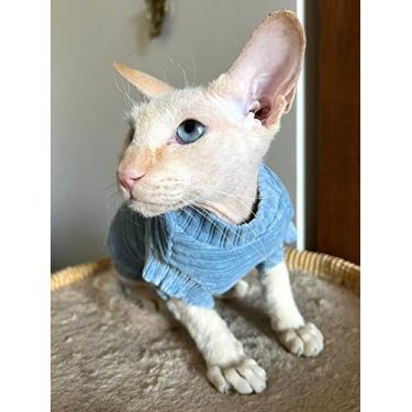 Imagem de Kotomoda Camiseta de veludo cotelê para gatos sphynx e nus, macacão de gato, terno de gato, roupa de gato, casaco de gato, gatinho Baby Grow (pequeno, azul)