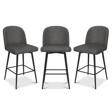 Imagem de Vipbear Bancos de bar giratórios de 76 cm, conjunto de 2 bancos de bar estofados espessos, cadeiras de bar modernas de linho com encosto alto, pernas de madeira para sala de jantar, ilha de cozinha,