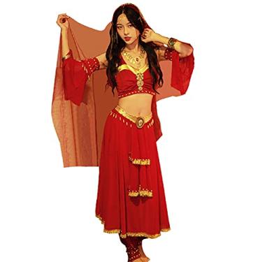 Imagem de Fantasia de Cleópatra de dança do ventre – traje de Halloween do Egito Antigo Fantasia para Mulheres (Vermelho M)