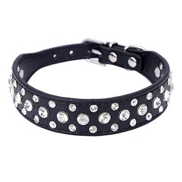 Imagem de Coleiras de couro de strass personalizadas para cães Reino 30,48 cm - 50,8 cm de comprimento para animais de estimação e gatos para raças pequenas e médias preto P