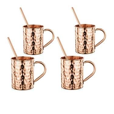 Imagem de Avador Canecas feitas à mão 100% cobre puro Moscou Mule acabamento martelado 473 ml conjunto de presente (4 peças Moscow Mule Straight + Canudos)