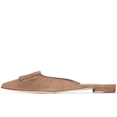 Imagem de Divanne Mules para mulheres, fivela plana mules bico fino frente única Mule Slides Suede Slip On Loafers, Camurça marrom, 11