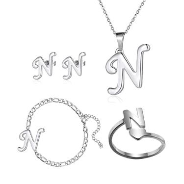 Imagem de Loqimu Pacote com 4 conjuntos de joias iniciais de aço inoxidável para mulheres, anéis de prata, pulseiras, brincos com pingente, colar, gargantilha maiúscula, corrente, brincos de orelha, presente