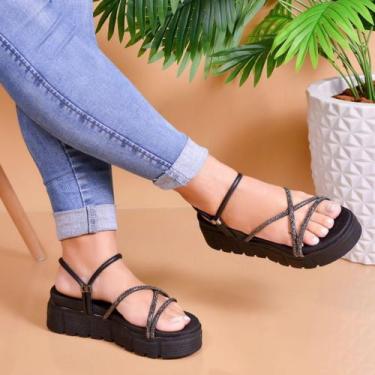 Imagem de Papete Feminina Sandália Com Strass Tiras De Brilho Confortavel - Eleg