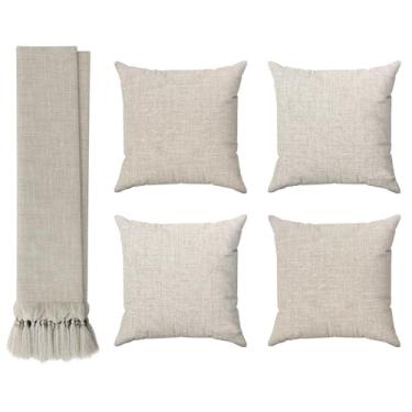 Imagem de Kit Manta Para Sofá Luxo Bege 2,20m Jacquard Linho + 4 Capas De Almofadas 45x45 Decoração Sala