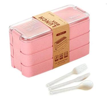 Imagem de Pote Marmita 900ml 3 Andares Camadas Com 3 Talheres Rosa Lunch Box Lan