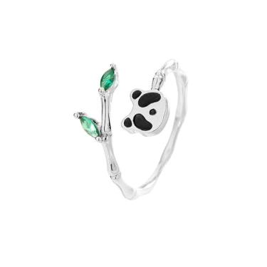 Imagem de OIDIMS Lindo anel aberto de panda para mulheres urso animal bambu verde cristal ajustável empilhável anéis de dedo banhado a prata esterlina joias modernas para filha, amizade, formatura, Metal