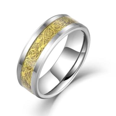 Imagem de JIWOY Anéis de tungstênio masculinos com padrão de dragão de carboneto banhado a ouro 18 K joia de aliança de aço, Tungstênio, Sem pedra preciosa