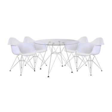 Imagem de Mesa de Jantar Eames Eiffel Vidro Redonda 110cm com 4 Poltronas Brancas Ferro Branco