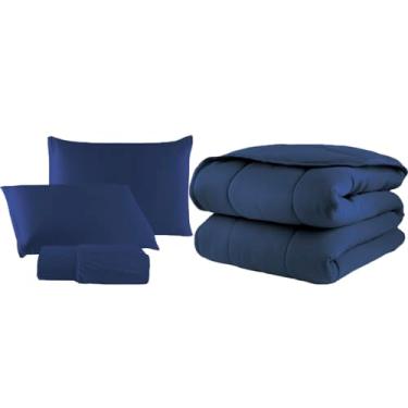Imagem de Kit Edredom Liso de Malha 100% Algodão Dupla Face com Viés com Jogo de Lençol e Fronha com Zíper (Marinho, King)