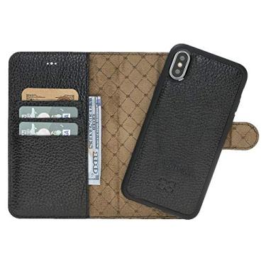 Imagem de Capa carteira Slim Magic para iPhone X/XS | Capa de couro genuíno multifuncional feita à mão com flip magnético e três compartimentos para cartão e um bolso para notas e moldura leve (preto)