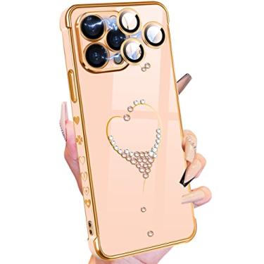 Imagem de Petitian Capa para iPhone 14, capas de telefone lindas para mulheres e meninas com glitter e coração projetadas para iPhone 14, capa de telefone feminina banhada a ouro para 14 com proteção de câmera rosa