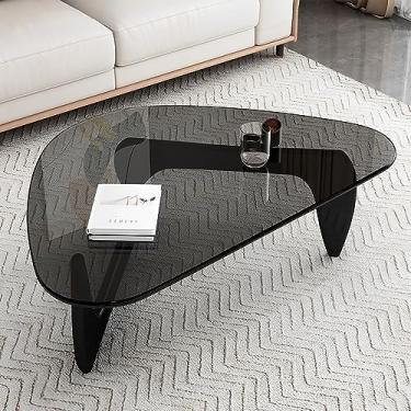 Imagem de Mesa de centro de vidro preto, mesas de centro triangulares modernas para sala de estar, mesa de canto vintage, base de madeira maciça preta e tampo de vidro triangular, conjunto de mesa de centro
