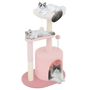 Imagem de Athena Collection Condomínio de árvore de gato pequeno com haste de sisal, torre de árvore de gato moderna com flor fofa de 83 cm com poleiro aconchegante bola de brinquedo para ambientes internos