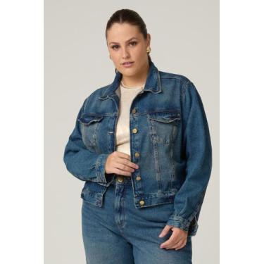 Imagem de Jaqueta Jeans Feminina Plus Size, Azul Escuro, Destroyed - Izzat Jeans