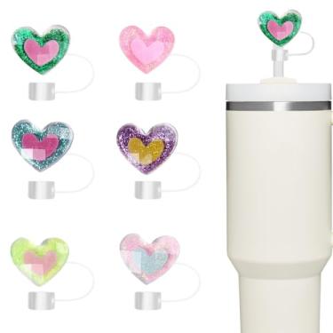 Imagem de Tampa de palha, 6 peças de topo de palha de coração vibrante para copo Stanley, compatível com copos de 850 g e 1,134 g, acessórios de silicone reutilizáveis de 10 mm, presentes ideais para amigos