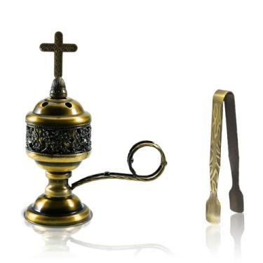 Imagem de Queimador de incenso de bronze com pinça – suporte de incenso de carvão olíbano para aromaterapia, ioga, spa, decoração de casa e uso na igreja – Suporte Bakhoor compacto e durável