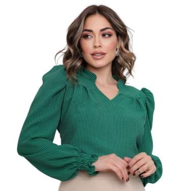 Imagem de Blusa Manga Longa Feminina Listrada Social Gola V Bufante - LOOK MODAS