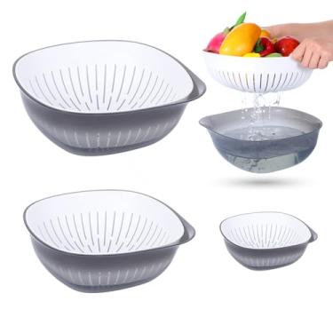 Imagem de Conjunto de 2 tigelas de escorredor, coador de alimentos de plástico de grande capacidade para macarrão, legumes e frutas, cesto de drenagem de lavagem, economia de espaço, livre de BPA (cinza)