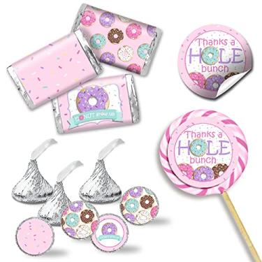 Imagem de Kit de adesivos de festa de aniversário Donut Grow Up para meninas - 429 peças!!! Inclui 60 adesivos circulares de 5 cm para lembrancinhas e sacolas de brindes, 45 mini embalagens de barra de doces e