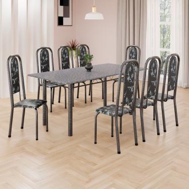 Imagem de Conjunto De Mesa Retangular A 180x75cm Tampo Granito Ocre 8 Cadeiras Lavínea Preto Floral Mart Prata