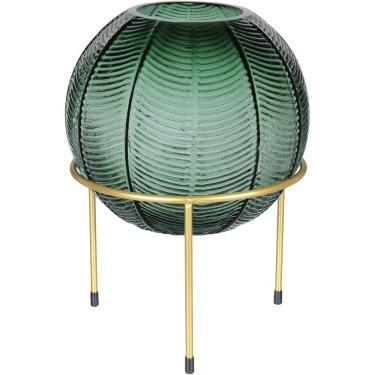 Imagem de Vaso Decorativo Enfeite Casa Folhas Home&co Com Suporte Metal Vidro 28x20x20cm Verde