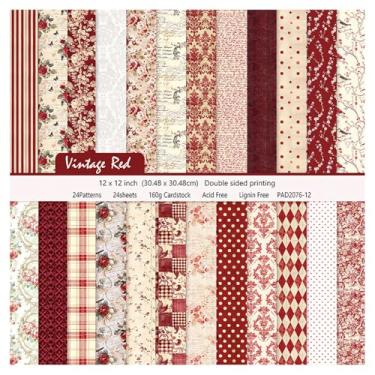 Imagem de WLXTREE Bloco De Papel Texturizado Com 24 Folhas Scrapbook Floral Vermelho Vintage, Dupla Face, 30,5 Cm X Cm, 160 G/M², Planejador Designer, Diário Artesanato, Suprimentos Para Fazer Cartões