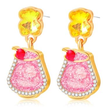 Imagem de Brincos femininos divertidos de coquetel rosa com strass brilhante para beber champanhe martini margarita com urso amarelo cristal e cereja festa verão praia férias bijuterias presente