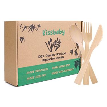 Imagem de Kissbaby Utensílios De Bambu - Pacote Com 300 (100 Garfos, 100 Colheres E Facas) 6,7" Facas Compostáveis Conjunto Talheres Descartáveis Biodegradáveis Ecológicos Utensílio Renovável
