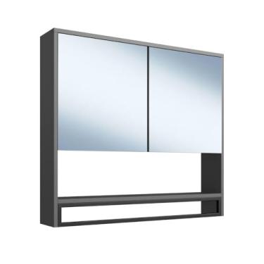 Imagem de Armário Espelheira para Banheiro 80cm com 2 Portas e Toalheiro Estilo Industrial P1041 Grafite