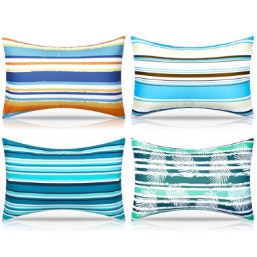 Imagem de Hollowfly 4 almofadas infláveis de praia portáteis para viagem e acampamento com capas para férias de verão na piscina no Havaí (listras horizontais)