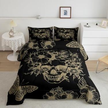 Imagem de Feelyou Conjunto de edredom de caveira gótica, flor, crânio de açúcar, tamanho casal, para crianças, meninos, meninas, rock, roll, osso e morte