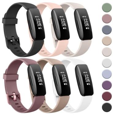 Imagem de Tobfit Pacote com 6 pulseiras esportivas compatíveis com Fitbit Inspire 2 para mulheres e homens, pulseiras de substituição de silicone macio à prova d'água compatíveis com Fitbit Inspire 2/Fitbit Ace 3, preto/rosa claro/luz das estrelas/roxo malvado/bege/branco