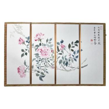 Imagem de Pintura chinesa pintada à mão e caligrafia decoração de casa tela divisória dobrável (Rosa chinensis), divisor de tela de pintura chinesa móvel, mini biombo de decoração de mesa, tamanho desdobrado