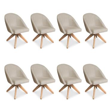 Imagem de Kit 08 Poltronas Cadeira Giratória Bela Veludo Bege Base de Madeira - Pallazio