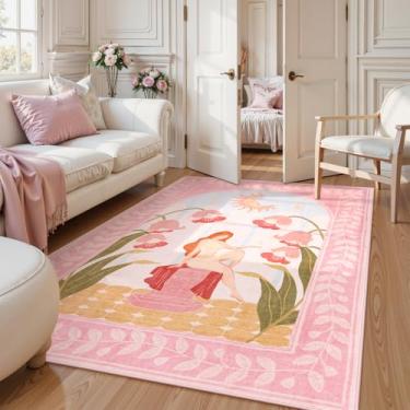 Imagem de Lahome Boho Tapete de berçário 12 x 18 cm para sala de jogos infantil, tapetes rosa antiderrapantes para quarto de meninas, tapete macio com padrão floral botânico para sala de estar (rosa, 1,5 x 18