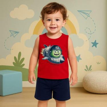 Imagem de Conjunto Infantil Masculino Regata Vermelha Astronauta e Bermuda Azul-
