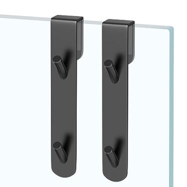 Imagem de SUXLINA Ganchos reversíveis de aço inoxidável para porta de vidro de banheiro, pacote com 2, para roupas, toalhas, lâminas de barbear e limpadores de chuveiro (preto)