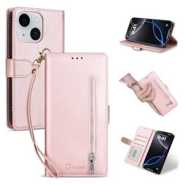 Imagem de BFKUSPN Capa carteira compatível com iPhone 15 Plus de 6,7 polegadas com zíper para cartão de crédito 【bloqueio RFID】 Capa de telefone flip de couro PU feminina masculina para Apple 15 Plus (ouro rosa