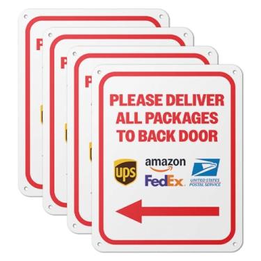 Imagem de 101SIGNCITY - 20 x 25 cm, 4 unidades, placa de entrega de embalagem de alumínio - Por favor, entregue todos os pacotes na placa da porta traseira com película protetora para uso ao ar livre