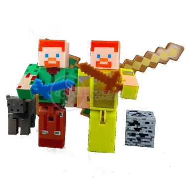 Imagem de Kit Cartelado Conjunto Minecraft 2 Bonecos + 1 Bloco + 1 Vaca + 1 Espada Minecraft 31cm