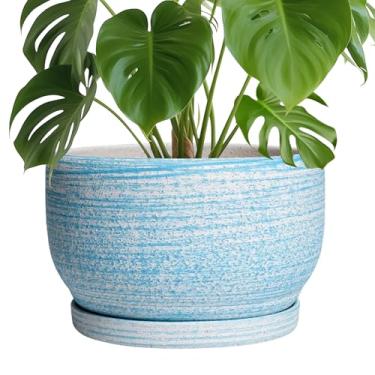 Imagem de SQOWL Vaso de plantas de 25 cm - Vaso de cerâmica com orifício de drenagem e pires, vaso de flores decorativo para plantas internas e externas, vaso redondo, azul escovado