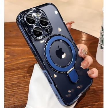 Imagem de JBJZYZZ Capa magnética para iPhone 15 Pro, transparente, suporte invisível, protetor de lente de câmera integrado compatível com MagSafe Capa protetora para 15 Pro, azul
