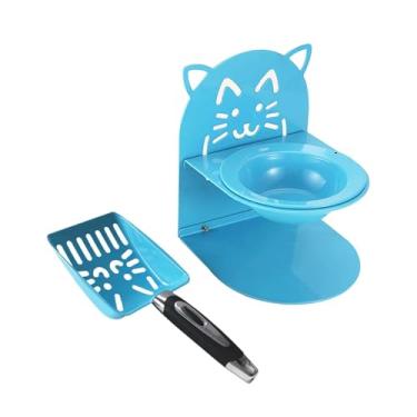 Imagem de IEUDNS Pá para areia de gato, tigela elevada ergonômica para gatos domésticos, peneira para cocô de gatinho, tigela de comida com suporte para uso ao, Azul