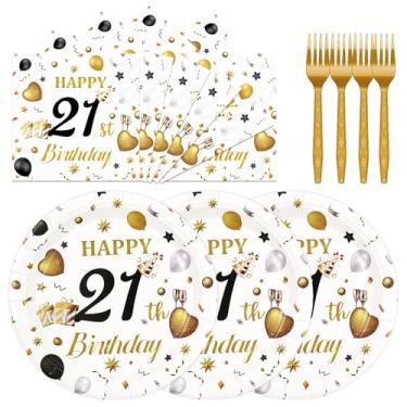Imagem de 75 peças de pratos e guardanapos de papel de aniversário de 21 anos, decorações de festa, 18 cm, branco e dourado, pratos de aniversário de 21 anos, guardanapos, brinde aos 21 anos, suprimentos de