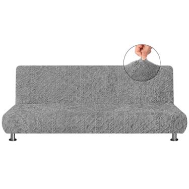 Imagem de SmoothNovelty Capa de futon sem braços geométrica jacquard de pelúcia elástica para sofá-cama protetor de móveis sem apoios de braços com fundo elástico, tecido jacquard macio, xadrez pequeno, cinza