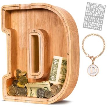 Imagem de KMC Cofrinho de madeira, cofrinho para crianças, cofrinho de madeira inquebrável, caixa de economia de dinheiro com letras de madeira, presente para crianças (D)