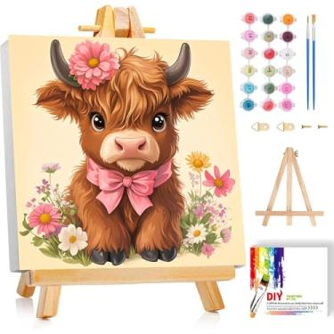Imagem de cviokrdu Kit de pintura Highland Cow por números para crianças com moldura - cavalete de madeira, pintura de animais por números para crianças de 4 8 e 12 anos, kits fáceis de pintura a óleo acrílica
