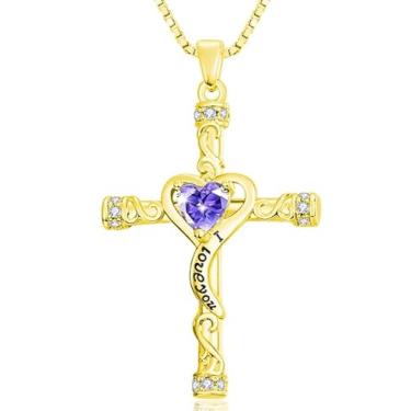 Imagem de VANAODUC Colar feminino com cruz de pedra do mês de nascimento, ouro 14K, ouro branco 18K, ouro rosa, pingente feminino I Love You, presente de aniversário e Natal para sua mãe, esposa, namorada